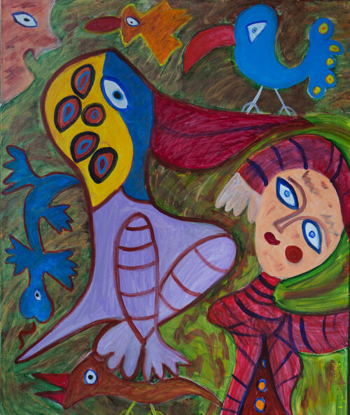 334 Flirt met Pelikaan, 2001, 100 x 120 cm, acryl, 550,-