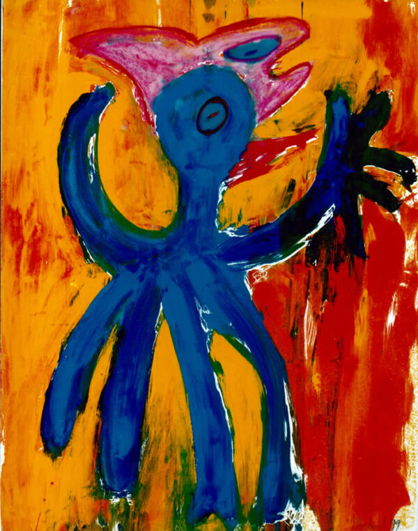 182 Blauwe Vogel met Vis 1, 1999, 83 x 63, gemengd