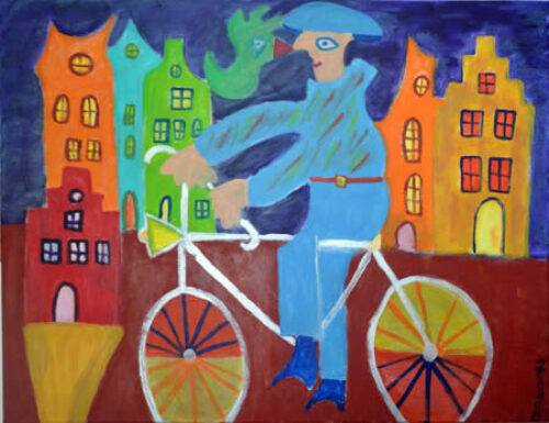 410 Fietser aan de Gracht, 2010 80 x 100 acryl, 550,-