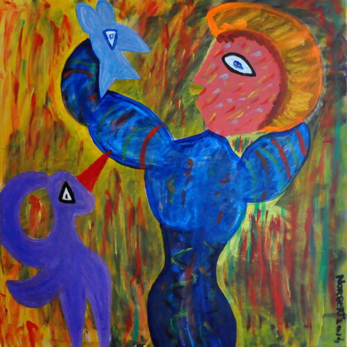 427 Vrouw met blauwe Vogel, 2014 100 x 100, acryl
