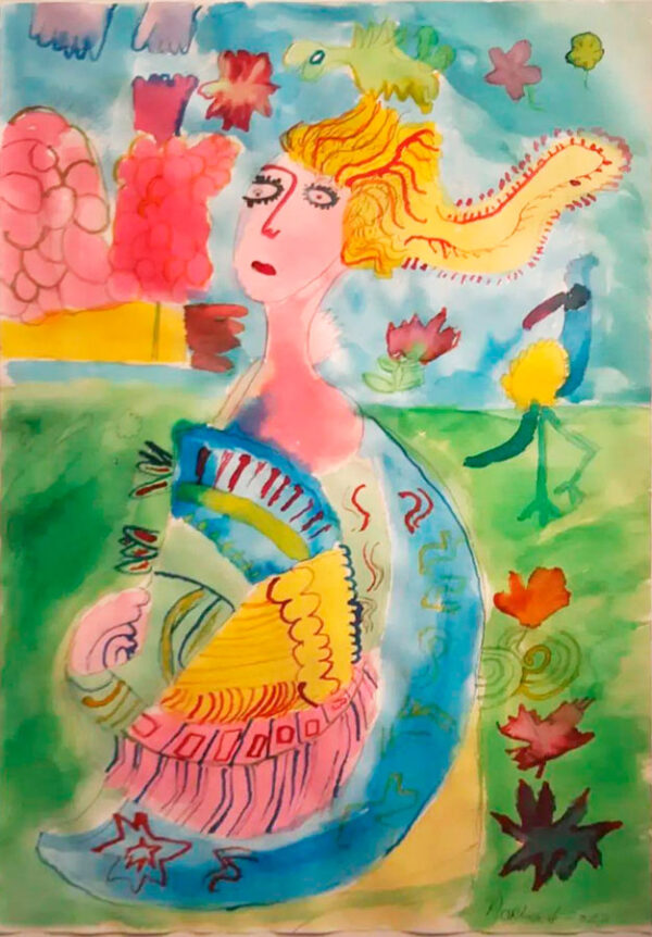 473 De vrouw in het paradijs, 48x30cm, Vrouw in het bos, gemengde techniek, 2023 - SOLD