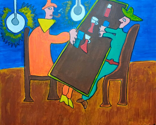 Nr 441 gezellig in het cafe acryl op doek 59x50 2023