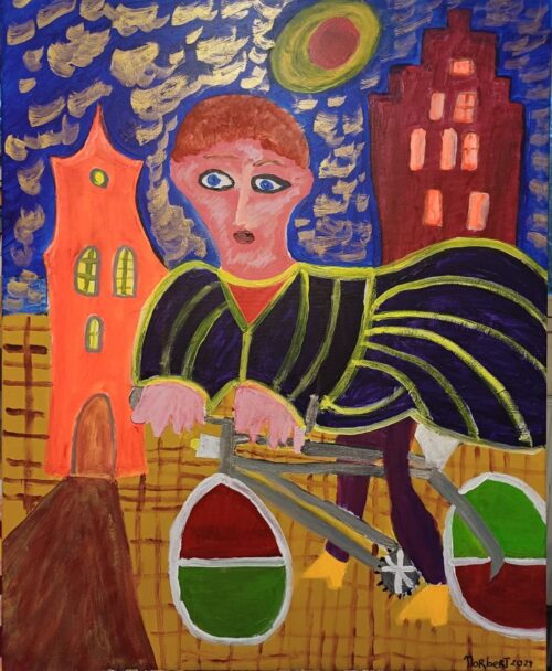 440 De Vliegende Fietser 2024 120x100 cm Acryl op linnen