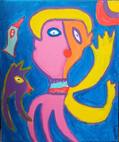 509 Vrouw met twee vogels 2025 50x60cm acryl