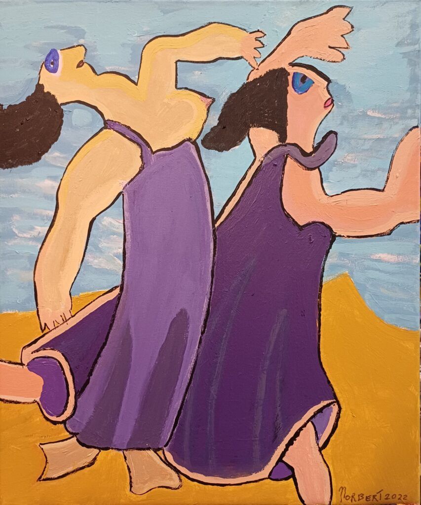 Women dancing on the beach — Norbert de Jong, 2022, acrylic 50x60cm