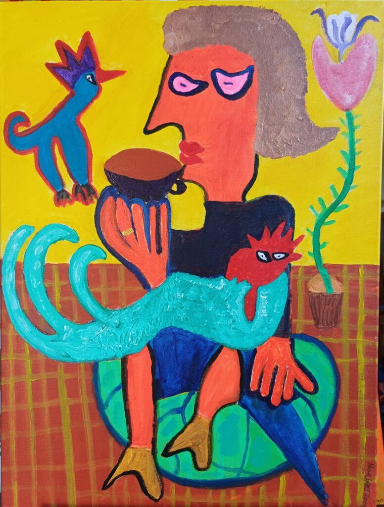 Vrouw en Vogelgezelschap — Norbert de Jong, 2024, acryl 60x80cm